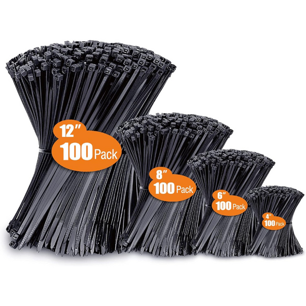 400 Pack of Assorted Zip Ties (4”+6”+8”+12”)