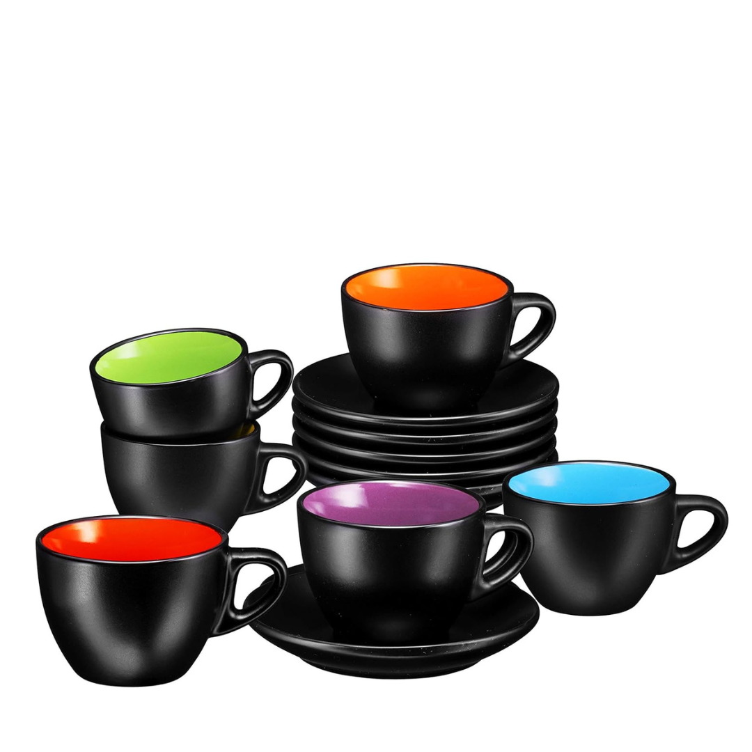 Bruntmor 6 Oz Cappuccino Coffee Cup Set of 6 In Black with Colored Interior