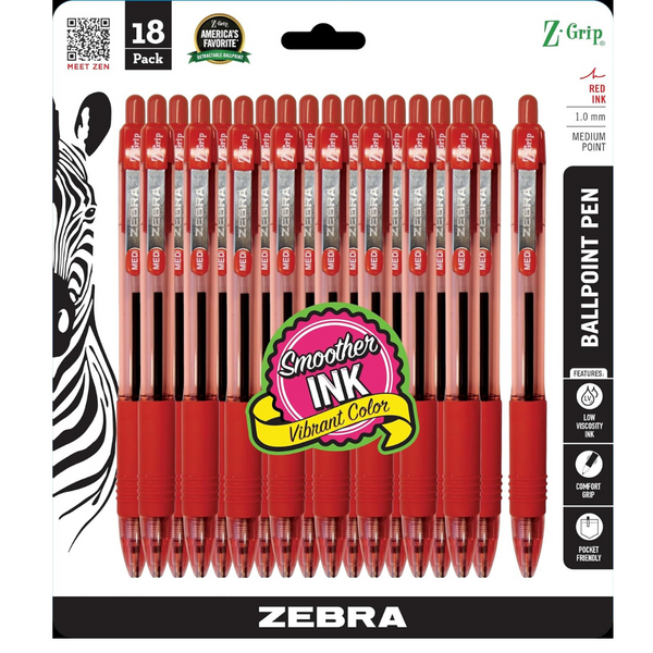 Zebra Pen Z-Grip Retractable Ballpoint Pens, Medium Point, Red Ink (18-Pack)