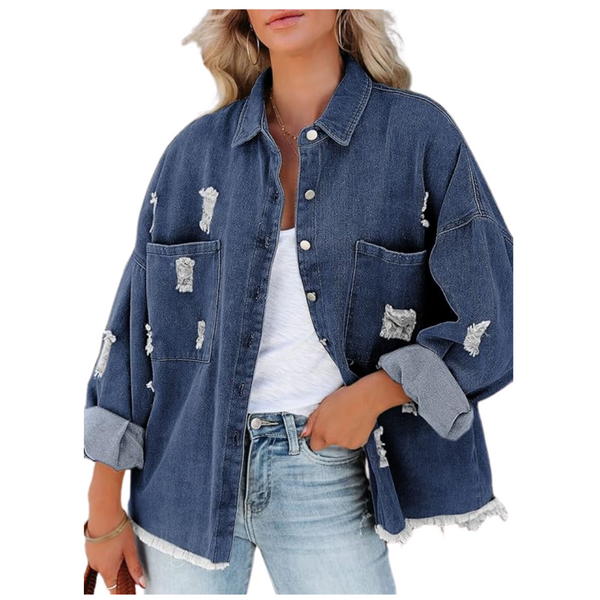 Evaless Women's Distressed Frayed Denim Jacket With Pockets