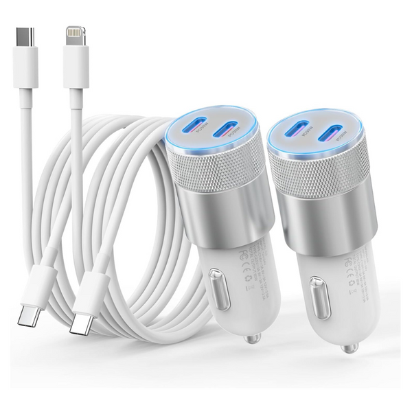 2-Pack 60W Dual USB-C Car Chargers with USB-C & Lightning Cables