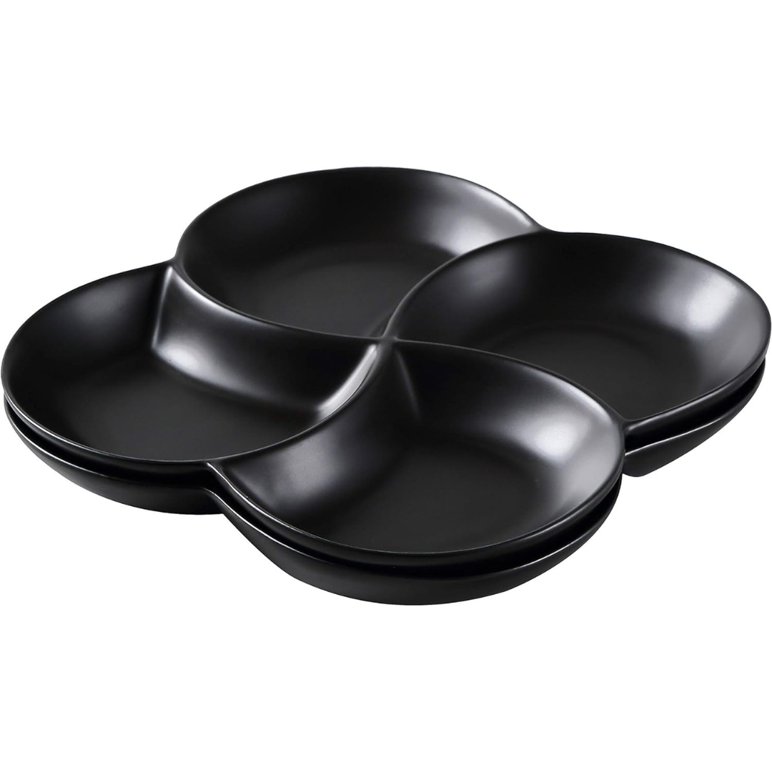Bruntmor 8.5 inch Ceramic 4-Section Stackable Serving Trays in Black (Set of 2)