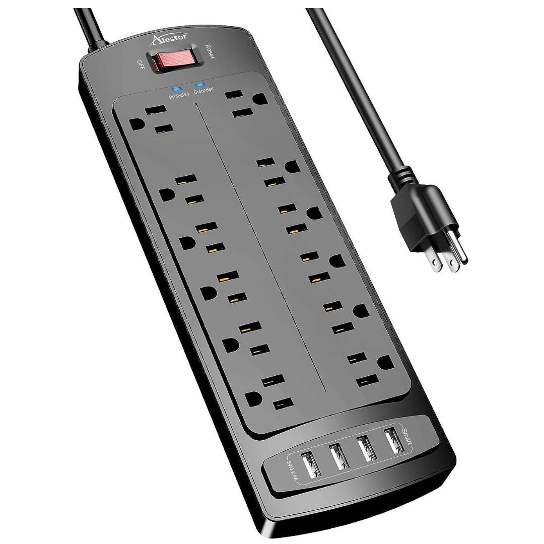 Alestor 12-Outlet 4-USB 6ft Extension Cord Surge Protector