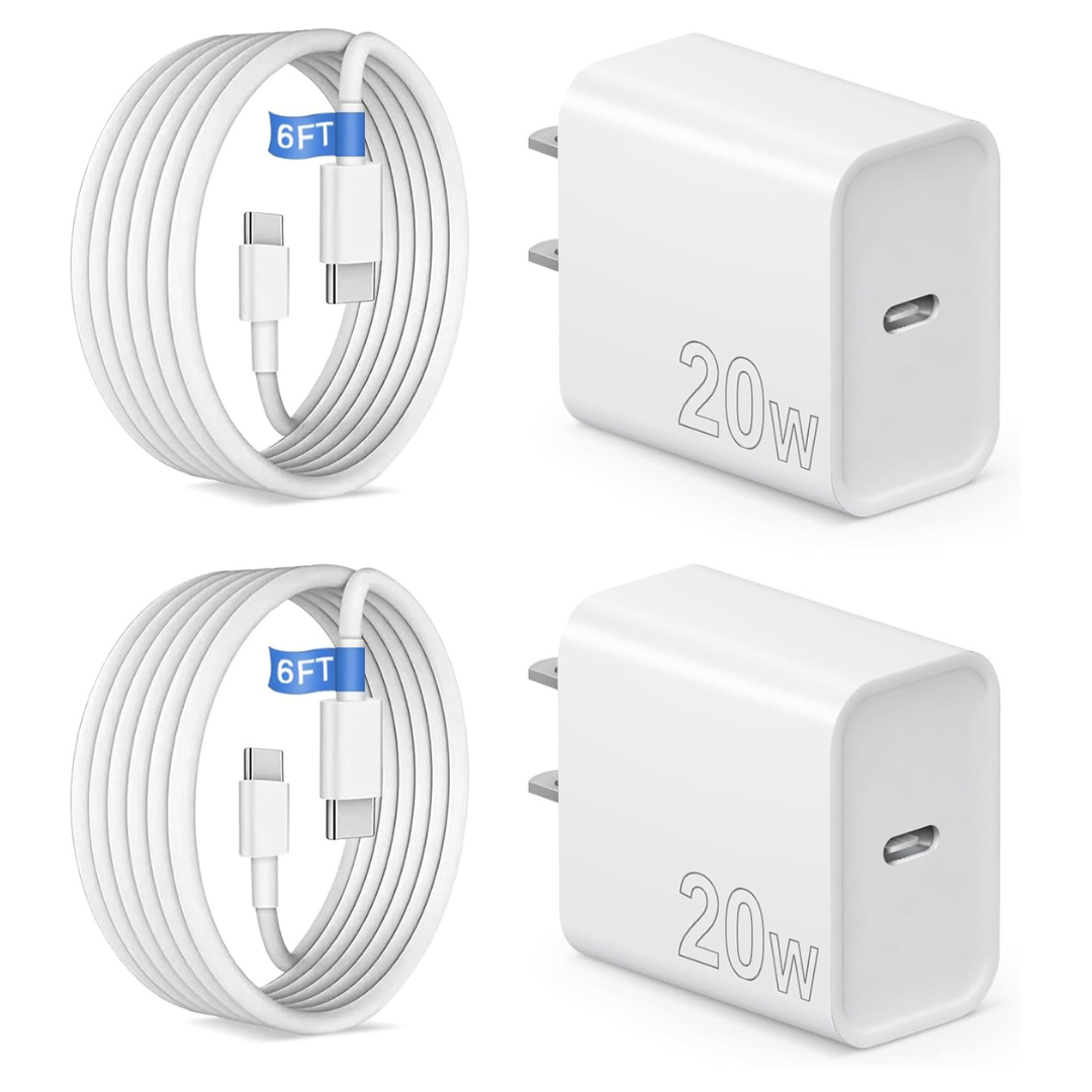 2-Pack 20W USB-C Fast Charger Adapter with 6ft Cable