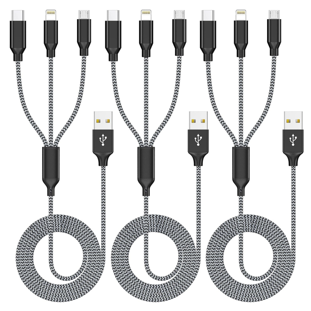 3-Pack 4ft Nylon Braided 3-in-1 USB-C/Micro/Lightning Multi Charging Cable