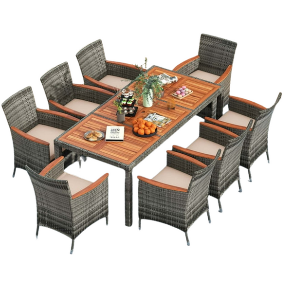 9-Pieces Costway Rattan Acacia Wood Table Cushioned Chair Dining Set
