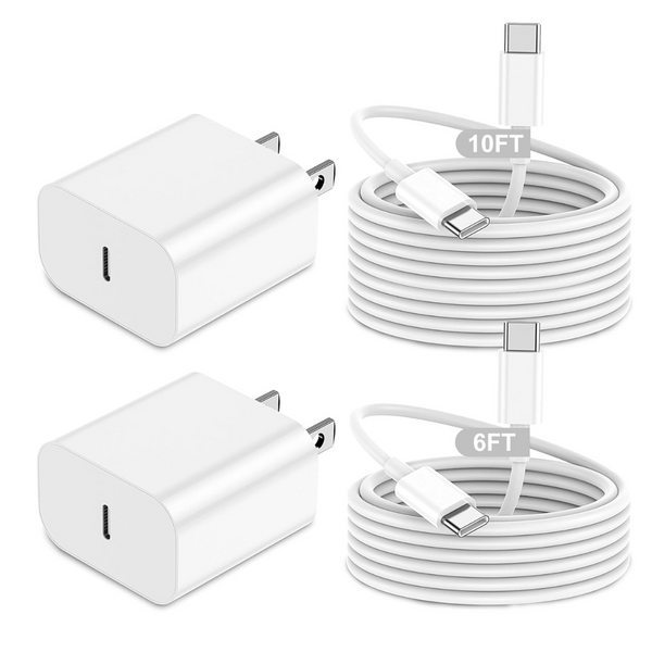 2-Pack 20W USB-C Wall Charger with Fast Charging 10ft & 6ft Cable