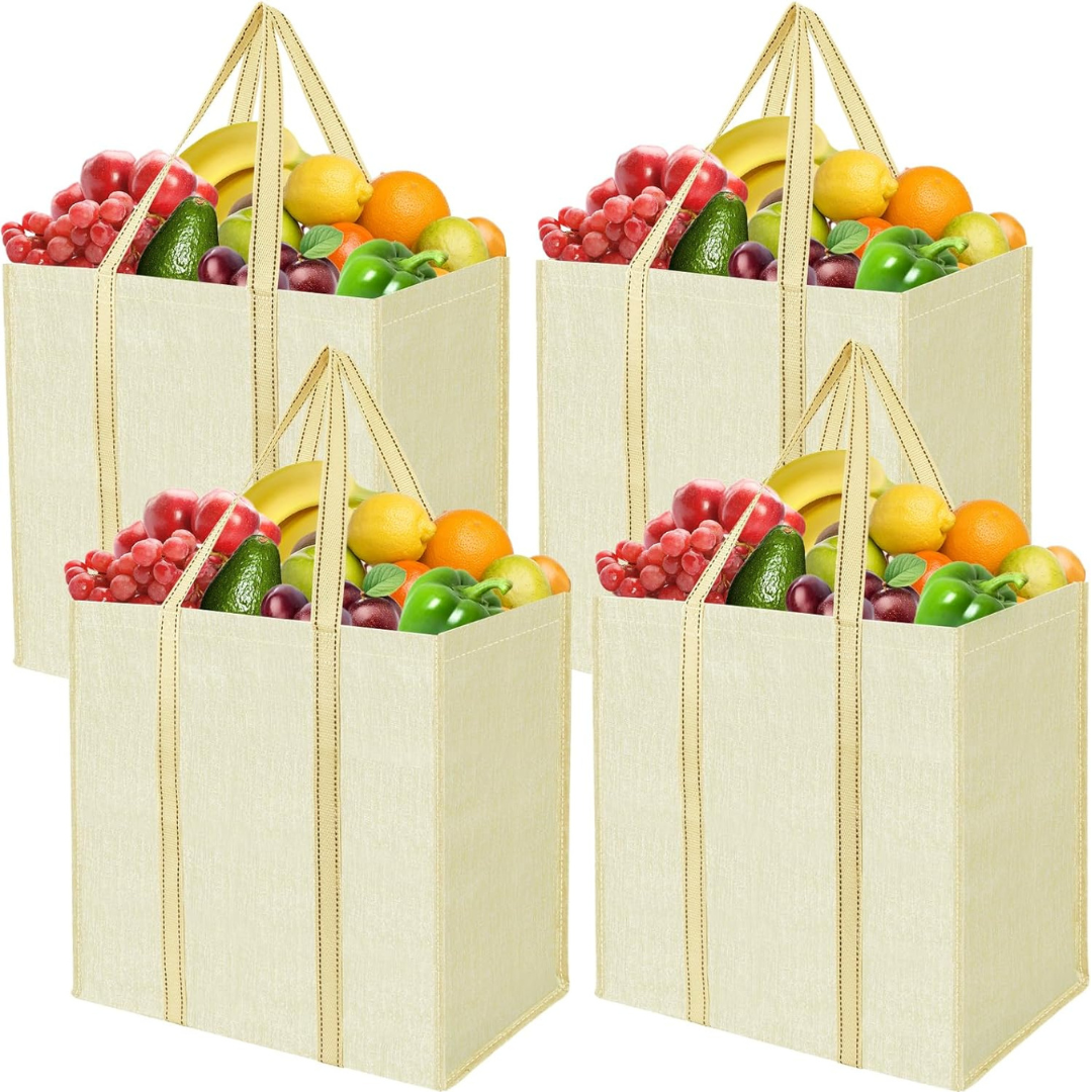 4-Pack BALEINE Heavy Duty Foldable Grocery Bags with Reinforced Bottom