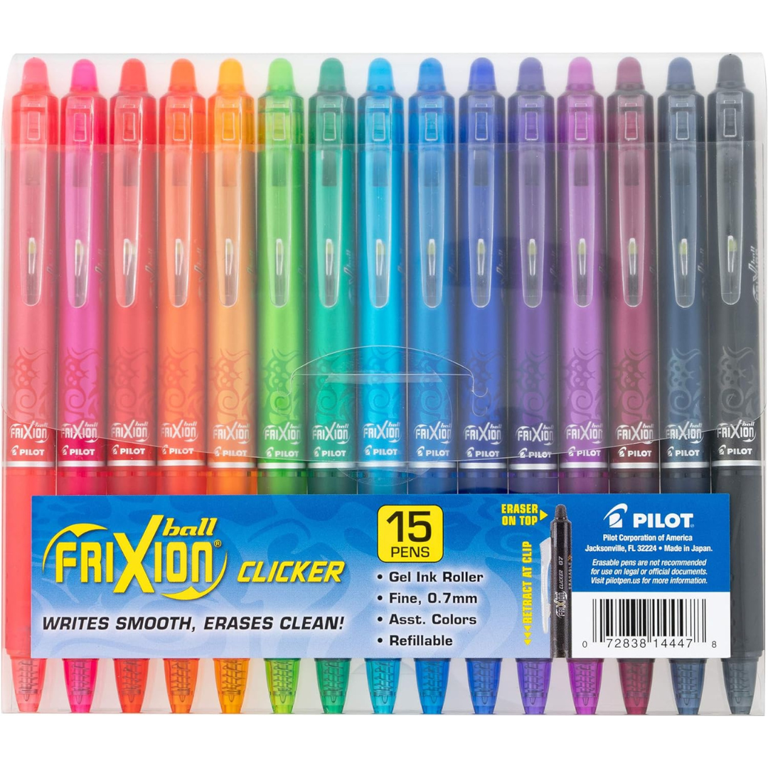 Pilot FriXion Clicker Erasable Gel Pens, Fine Point 0.7 mm (Pack of 15, Assorted Colors)
