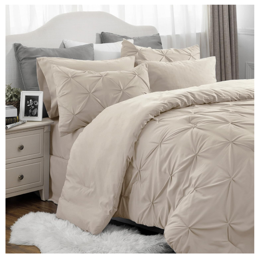 Bedsure King Size 7 Piece Pintuck Bed in a Bag Beige Bed Set