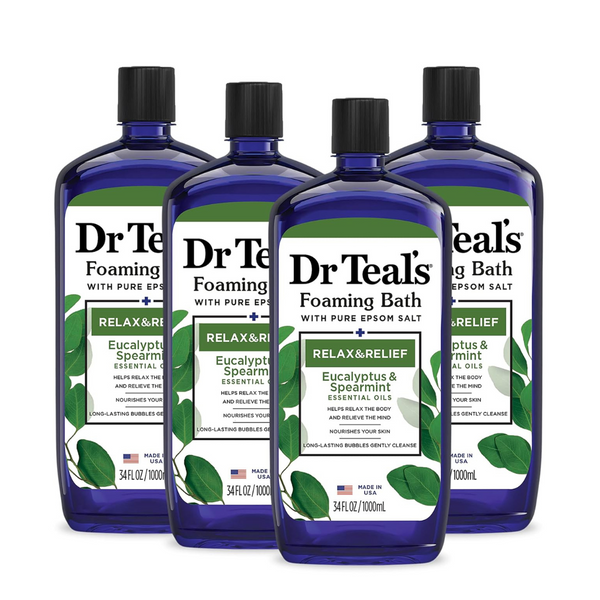 4 Bottles of Dr Teal’s Foaming Bath with Pure Epsom Salt, Relax & Relief with Eucalyptus & Spearmint (34 fl oz Bottles)