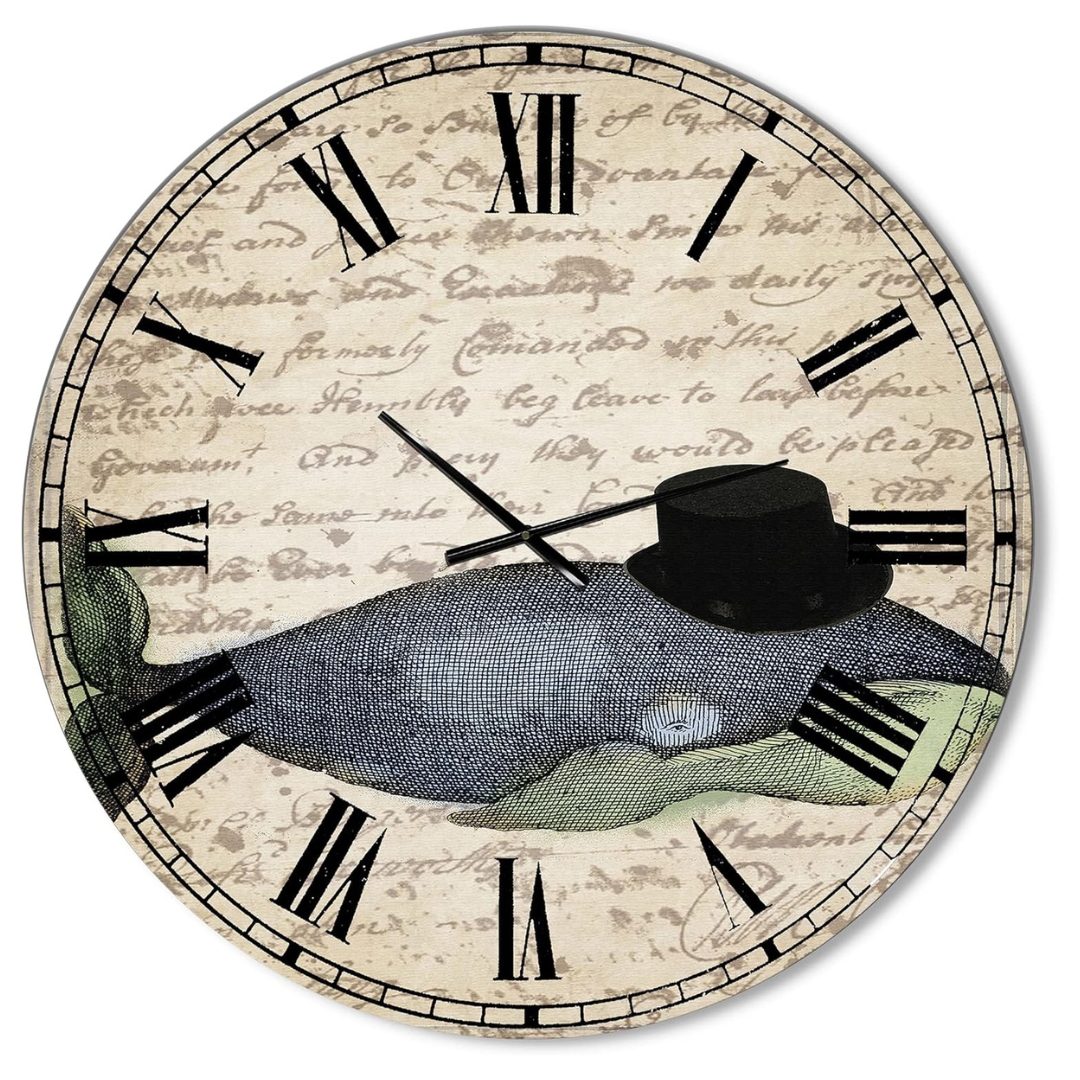 36" Old Style Whale with Hat Large Nautical & Coastal Wall Clock