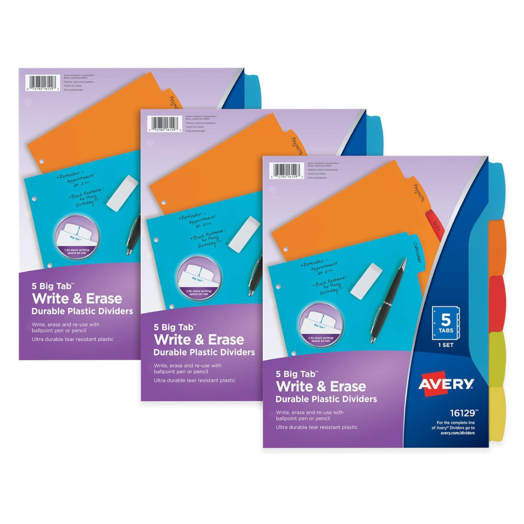 3-Sets of Avery Big 5-Tab Write & Erase Durable Plastic Dividers