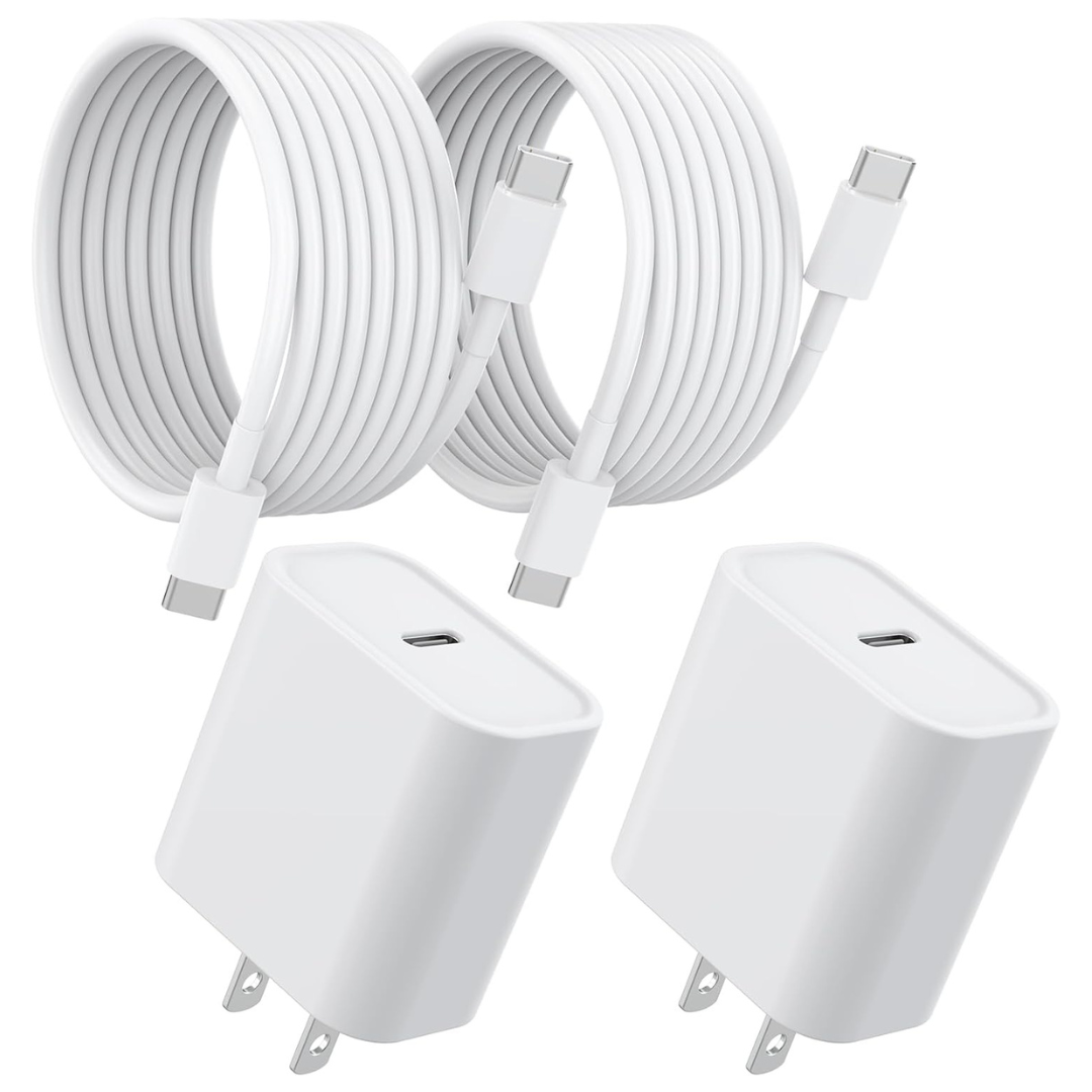 2-Pack 20W PD USB-C Fast Charger Adapter With 6ft USB-C Cable