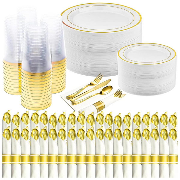 Prestee 350 Pc Plastic Disposable Dinnerware Set With Pre-Rolled Napkins And Cutlery (Service For 50)