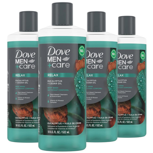 Dove Men+Care Body Wash Eucalyptus + Cedar Oil To Rebuild Skin In The Shower With Plant-Based Cleansers And Moisturizers (18 Oz, 4 Count)