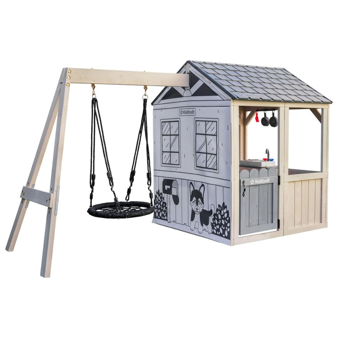 KidKraft Savannah Swing Wooden Outdoor Playhouse With Web Swing And Play Kitchen