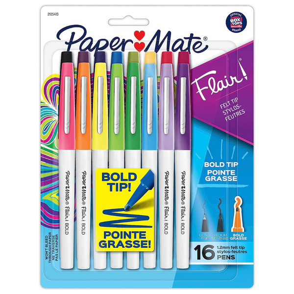 Paper Mate Flair Pens, Felt Tip Pens, Bold Tip (1.2 mm), Assorted Colors, 16 Count