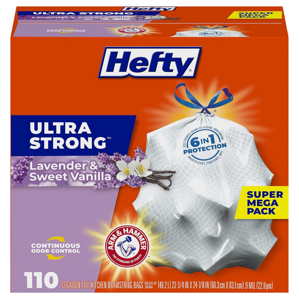 Hefty Ultra Strong 13 Gallon Trash Bags, White, Lavender And Sweet Vanilla (110 Bags)