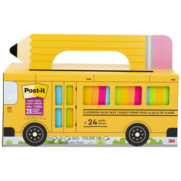 Post-It Super Sticky Notes Value Pack, 24 Pads, Convenient School Bus Carry And Storage Case