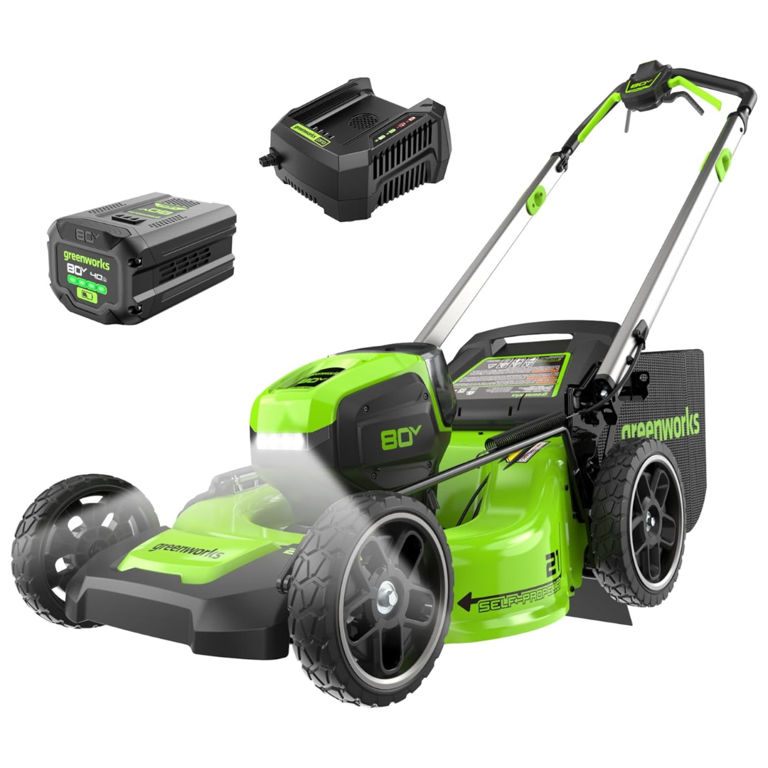 Greenworks 80v 21″ Brushless Cordless (Self-Propelled) Lawn Mower (LED Headlight + Aluminum Handles), 4.0ah Battery And Rapid Charger Included For Onoy