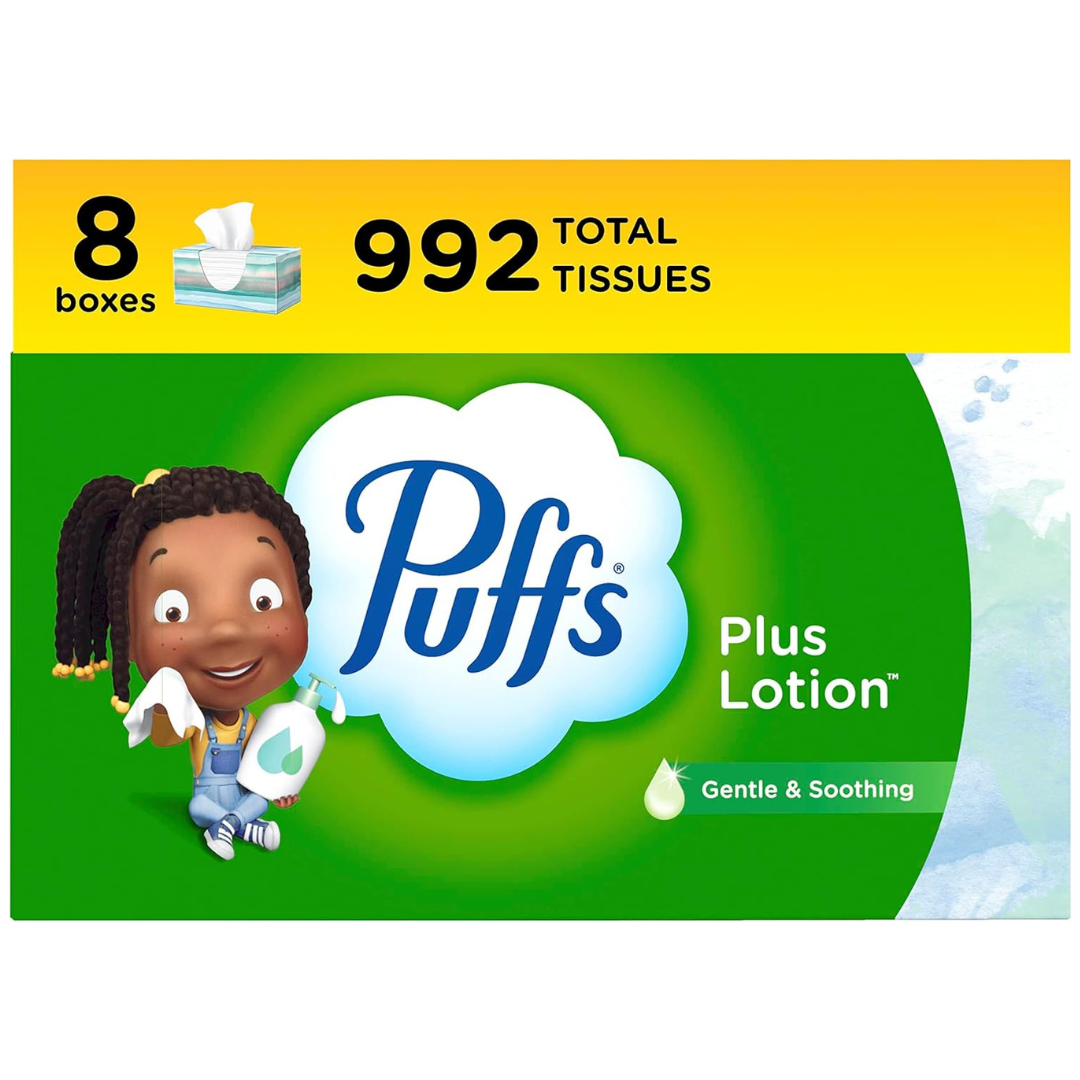 Puffs Plus Lotion Facial Tissues (8 Family Boxes, 124 Facial Tissues Per Box, 992 Total Tissues)
