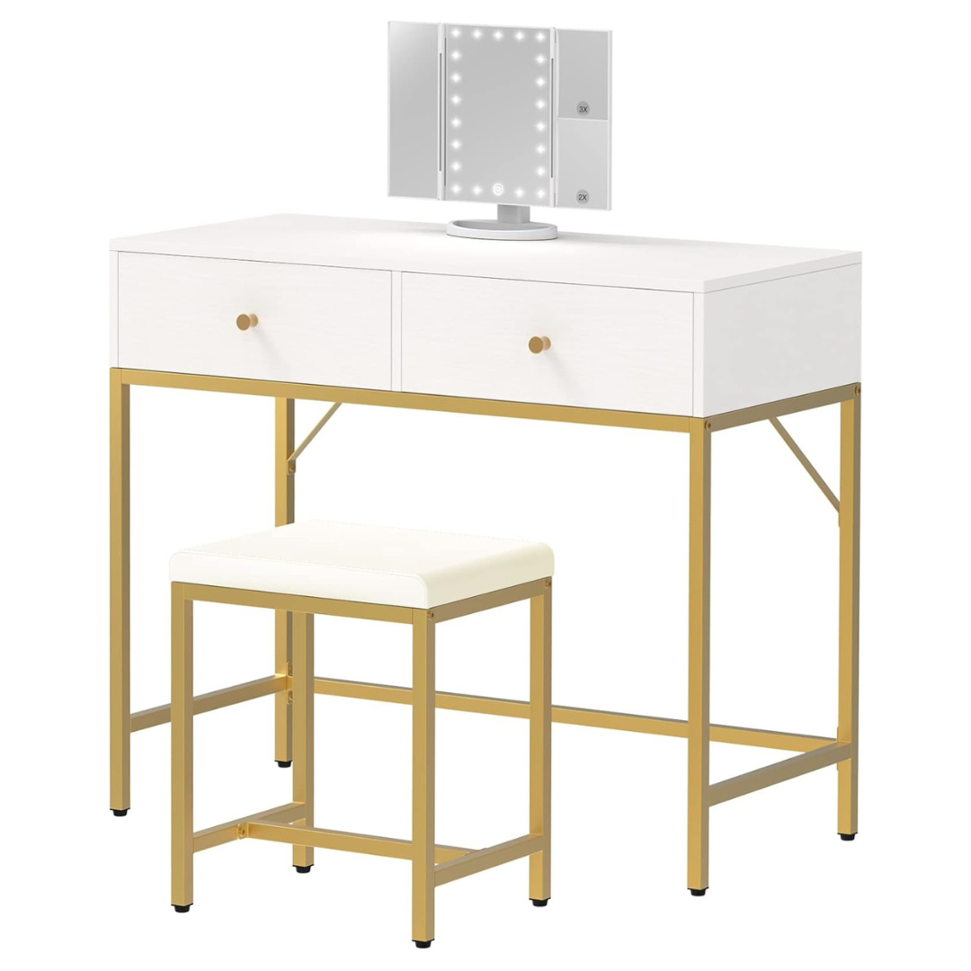 Computer Desk With Stool, Makeup Vanity And 2 Large Drawers