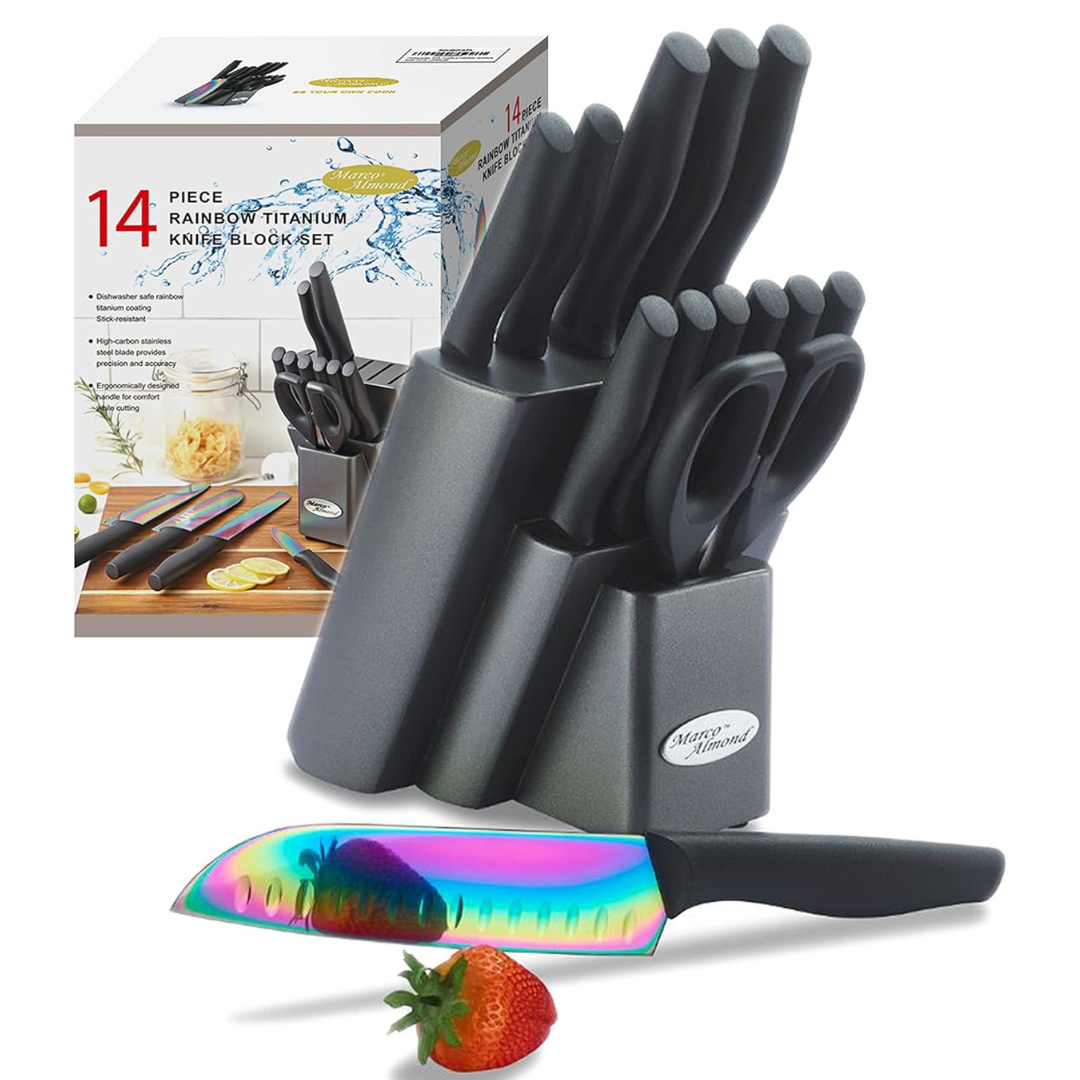14-Piece Marco Almond Knife Block Set With Black Handle
