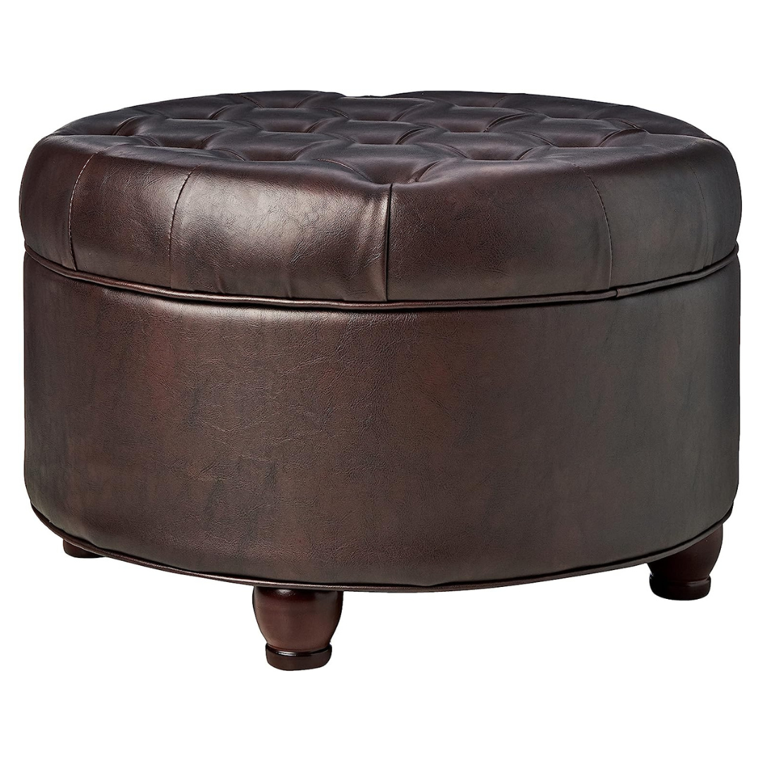 Homepop Home Decor Large Button Tufted Faux Leather Round Storage Ottoman