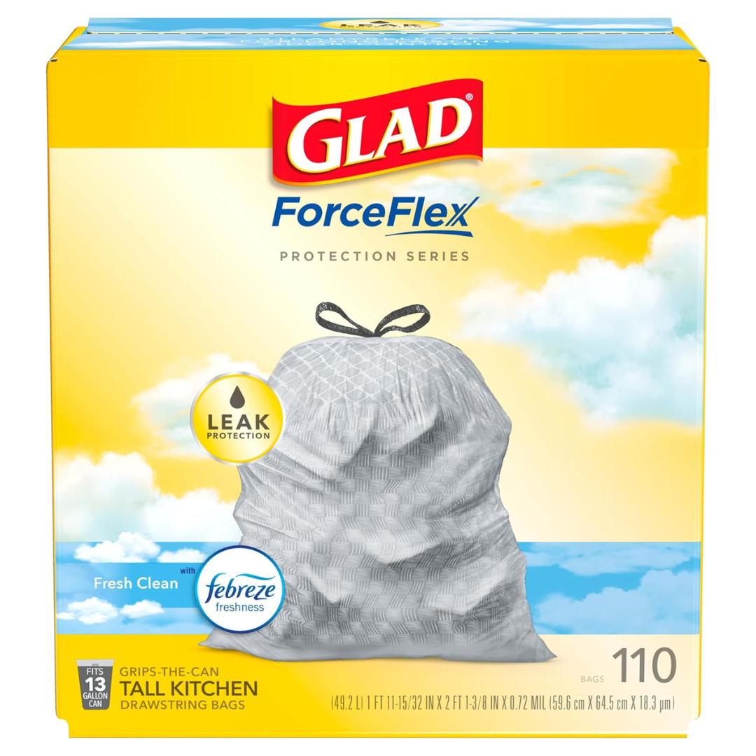 Glad Forceflex Tall 13 Gallon Kitchen Drawstring Garbage Bags, Fresh Clean Scent With Febreze (110 Ct)