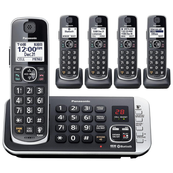 Panasonic Link2cell Bluetooth DECT 6.0 Expandable Cordless Phone System With Answering Machine And Enhanced Noise Reduction – 5 Handsets