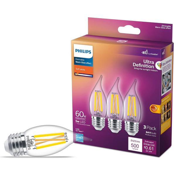 3-Pack Philips Ultra Definition Led 40-Watts Ba11 Filament Candle Light Bulb