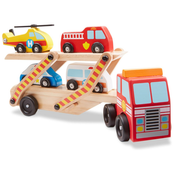 Melissa & Doug Wooden Emergency Vehicle Carrier Truck With 1 Truck And 4 Rescue Vehicles