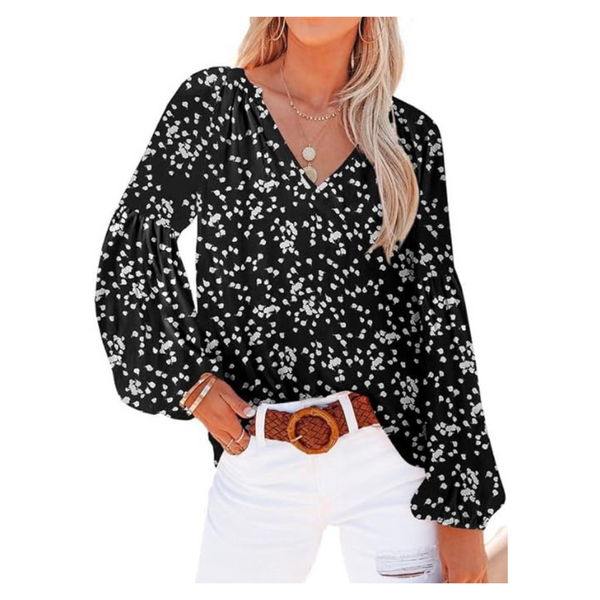 Shewin Women's Boho Floral V Neck Long Sleeve Loose Tops