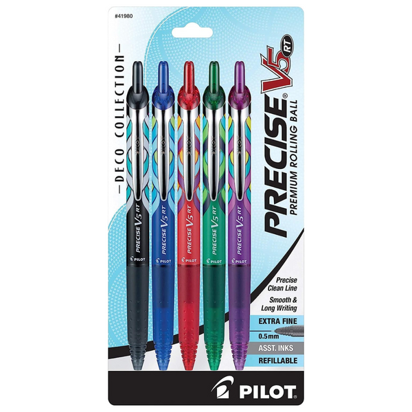 5-Pack Pilot Precise V5 Rt Deco Collection Liquid Ink Rolling Ball Pens