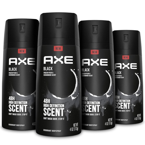 Axe Black Mens Body Spray Deodorant 48hr Odor Protection Frozen Pear & Cedarwood (4 Ounce, Pack Of 4)