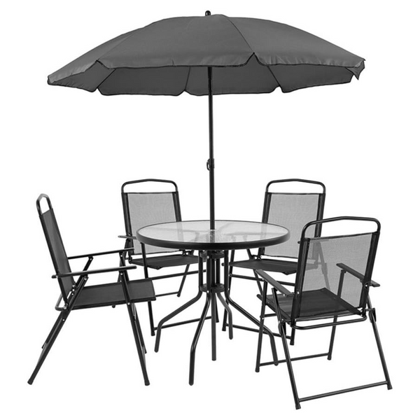 Flash Furniture Nantucket 6 Piece Patio Garden Table Set - Umbrella Table - Set of 4 Black Folding Chairs