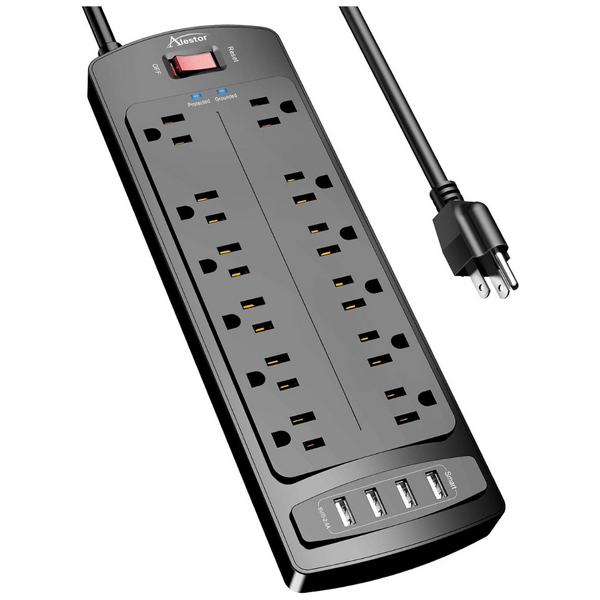 Alestor 12-Outlet 4-USB 6ft Extension Cord Surge Protector