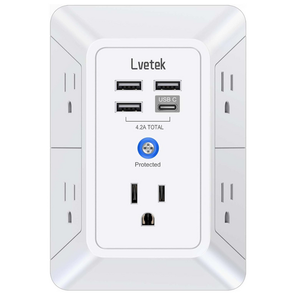 5-Outlet Surge Protector Wall Charger With 4 USB Ports