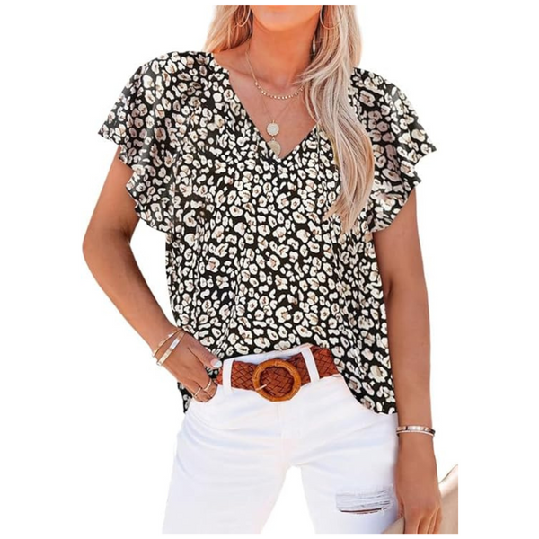 Shewin Women's Casual Loose V Neck Floral Short Sleeve Boho Tops