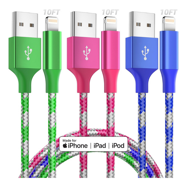 3-Pack Apple MFi Certified 10ft iPhone Charger Lightning Cable