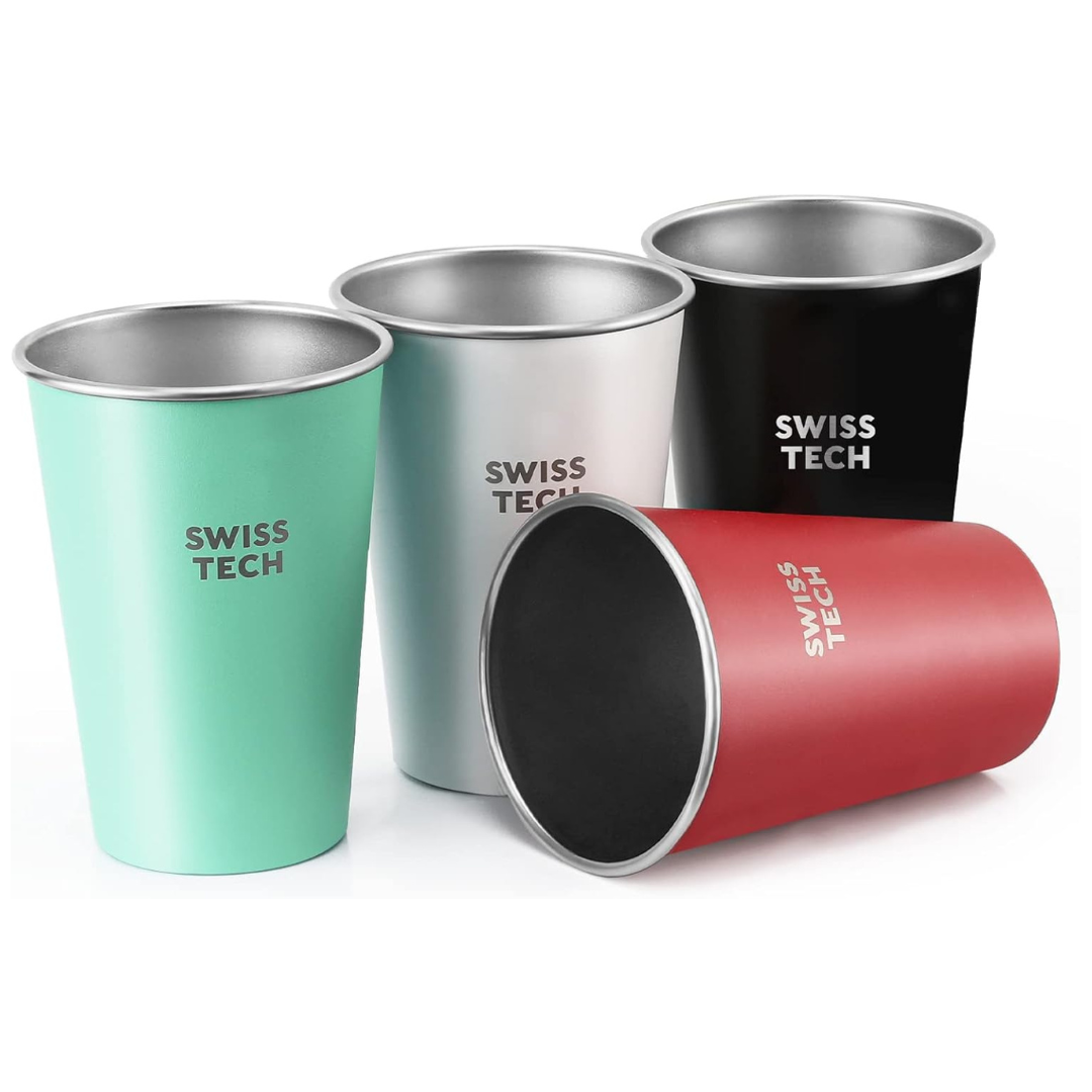 4-Pack Swiss+Tech Stainless Steel Cups, 16Oz (2 Colors)