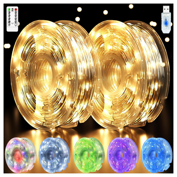 2-Pack 33-Ft 100-LED Waterproof USB Fairy String Lights W/Remote & Timer