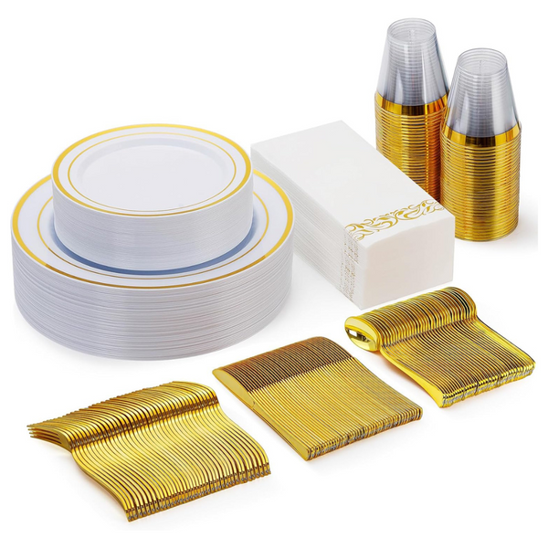 175-Pieces Plastic Disposable Gold And White Dinnerware Set [Service For 25]