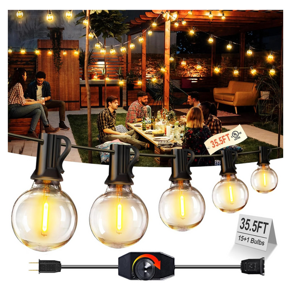 35.5Ft Outdoor String Lights W/16 Shatterproof Globe Bulbs & Dimmer