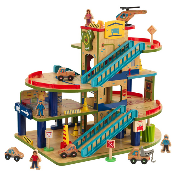 KidKraft Wash N Go Wooden Car Garage Playset With 19-Piece Accessory Set And Moving Elevator