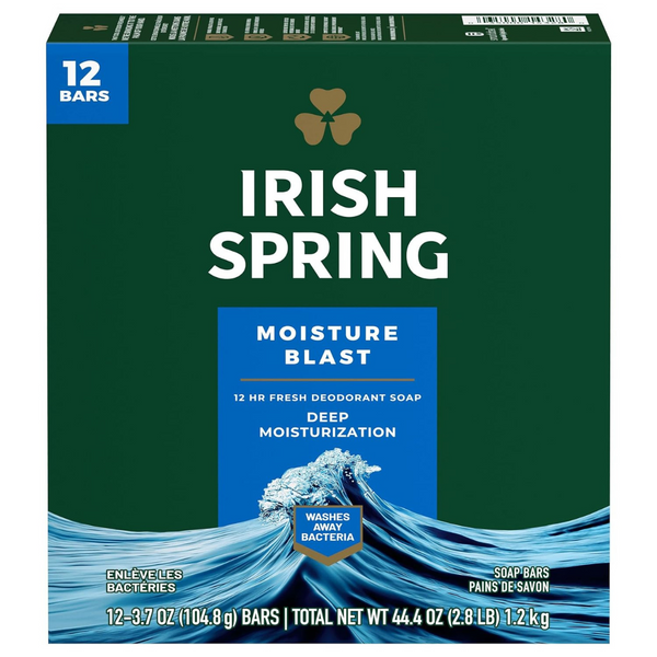 12-Pack Irish Spring Moisture Blast Deodorant Bar Soap For Men, 3.7 Oz