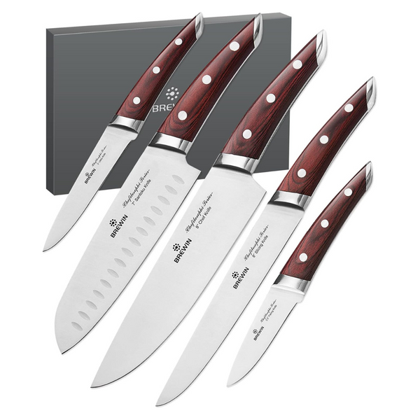 5-Piece Elegant Red Pakkawood Handle Ergonomic Design Chef Knife Set