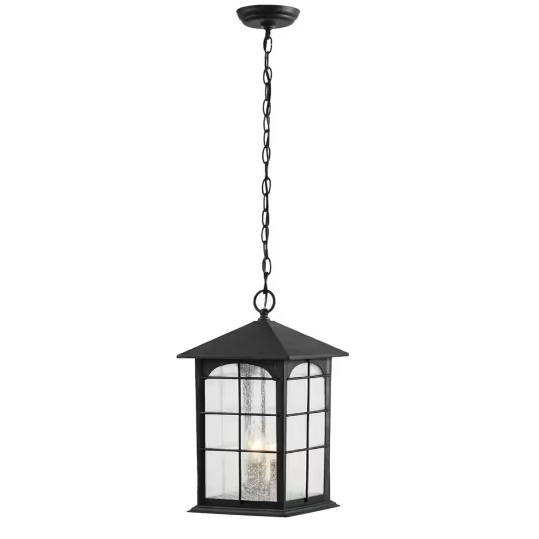Brimfield 3-Light Aged Iron Outdoor Hanging Lamp With Clear Seedy Glass