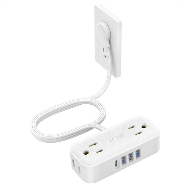 TROND Travel Power Strip With 4 USB Charger With 5Ft Thin Flat Cord